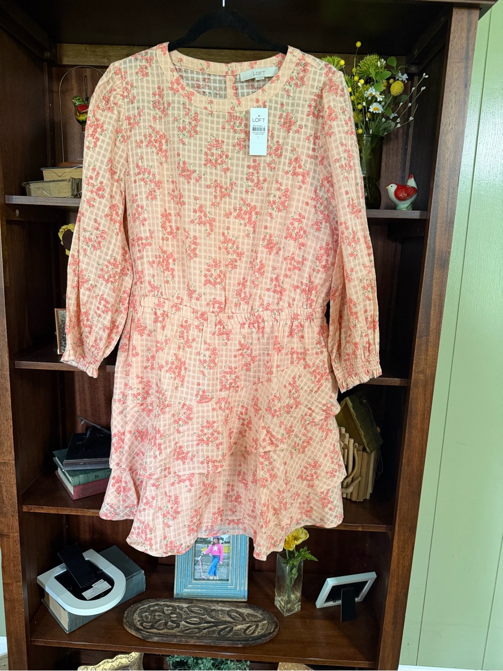 LOFT Peach and Coral Floral Ruffle-Hem Dress